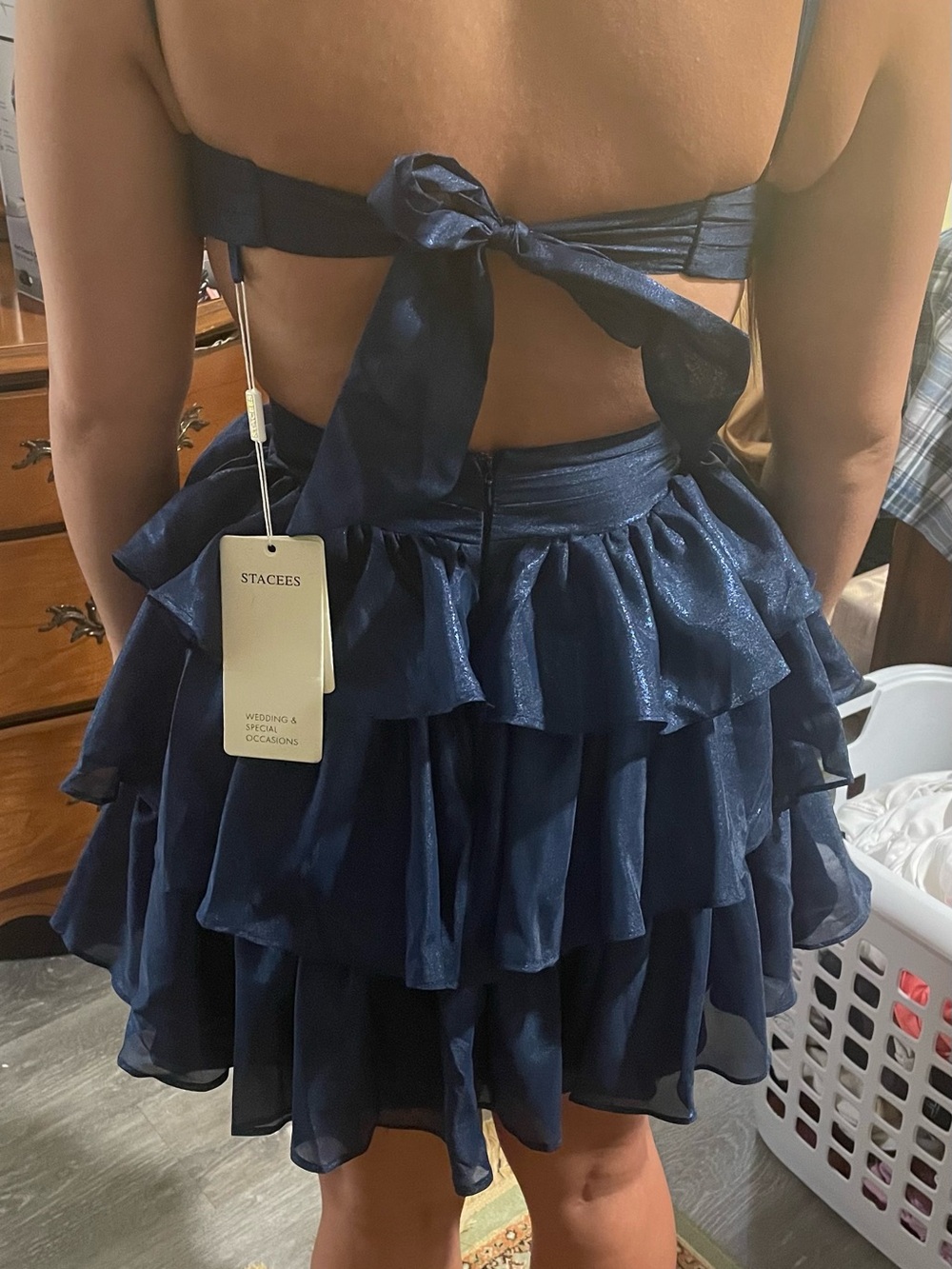 Stacees Navy Blue V-Neck Tiered Ruffle Mini Dress - Picture 5 of 7
